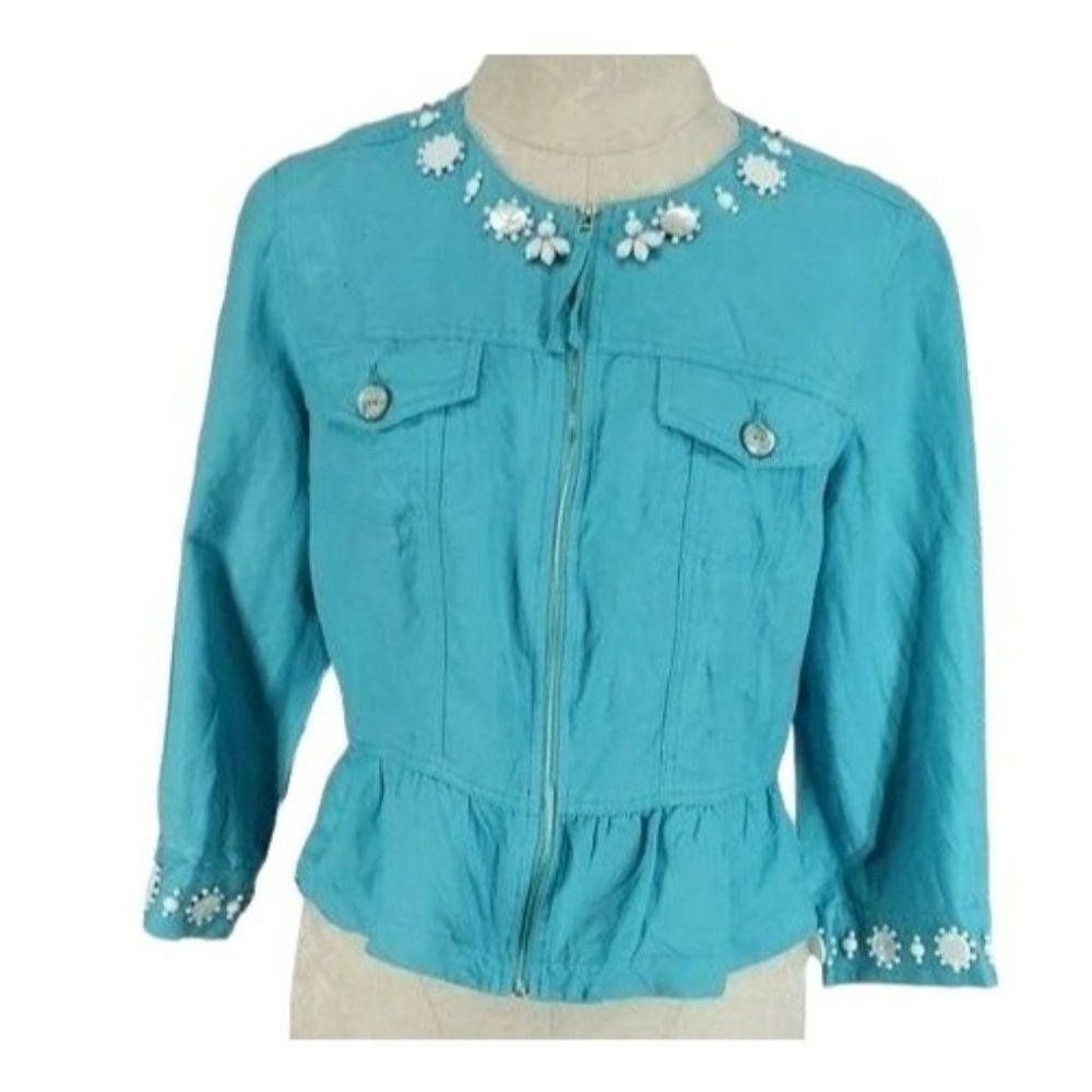 Ruby Rd Women's Blue Beaded Half‎ Peplum Zip Up Rayon Linen Jacket Size 8